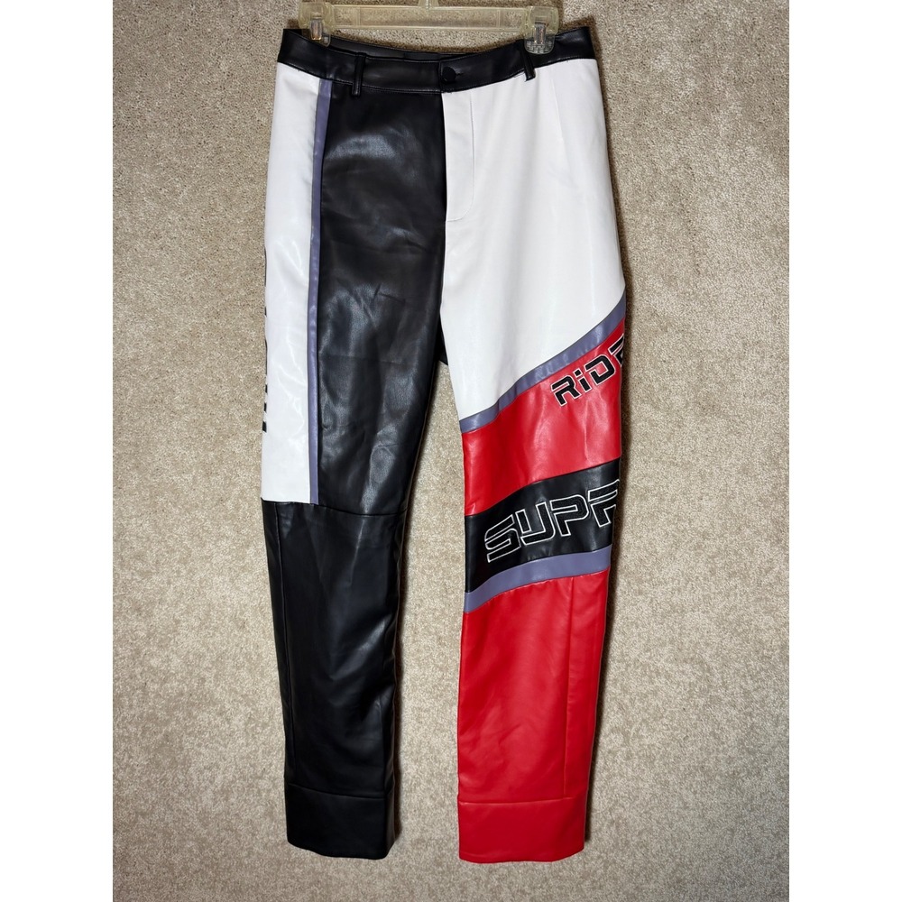 Fashion Nova Moto Pants Womens Size M Red White Black Excellent Colorblock Faux